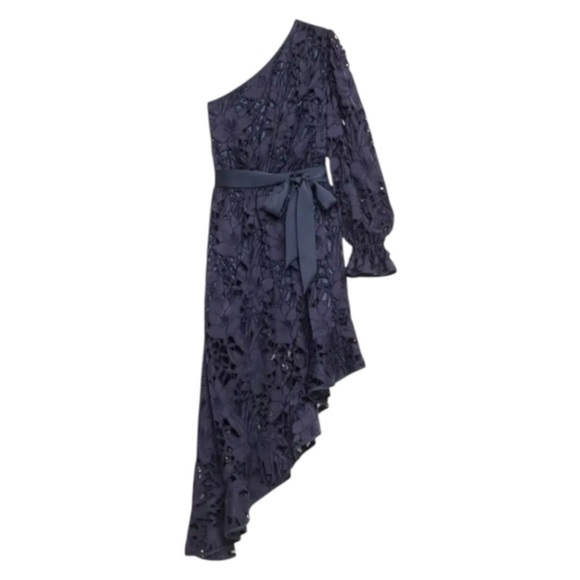NEW Ramy Brook Jayda Asymmetric One Shoulder Dress Sz 6 Navy Embroidered Lace - Picture 4 of 15
